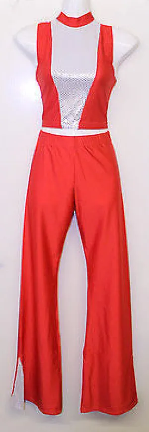 SALE - RED AND SILVER DANCE/DISCO CROP TOP & TROUSERS - SIZE 3 (8-10)