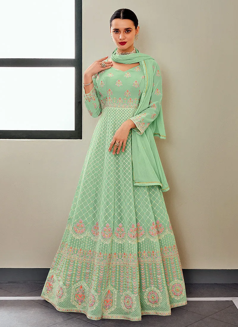 Sea Green Multi Embroidered Festive Anarkali Suit