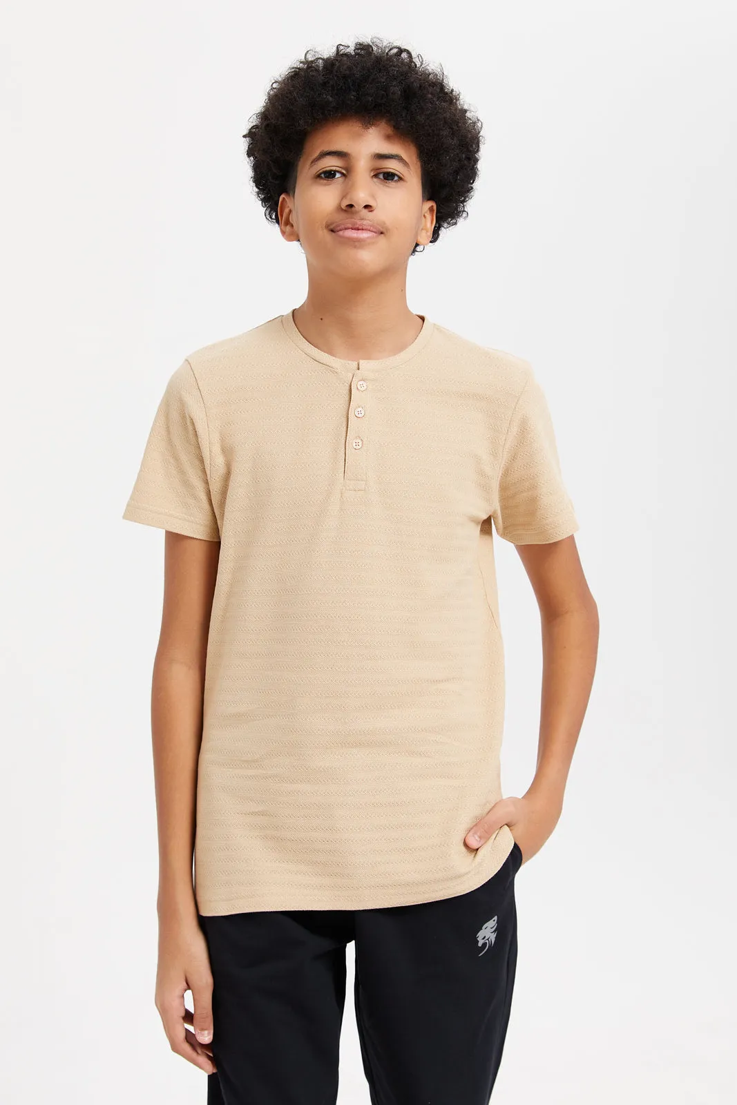 Senior Boys Beige Jacquard Henley T-Shirt