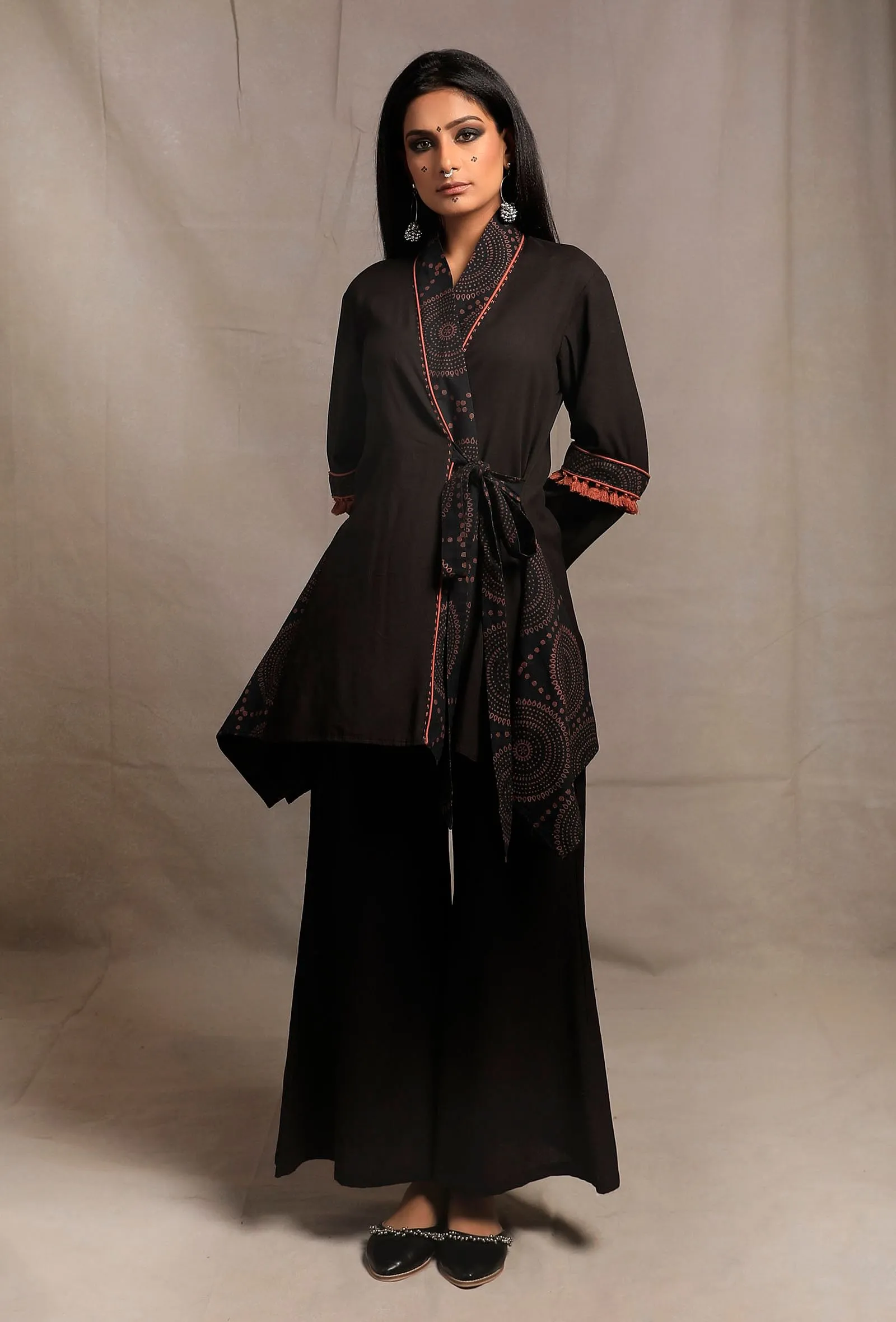 Set of 2: Black Asymmetrical Front Tie Robe with Black palazzo Pants