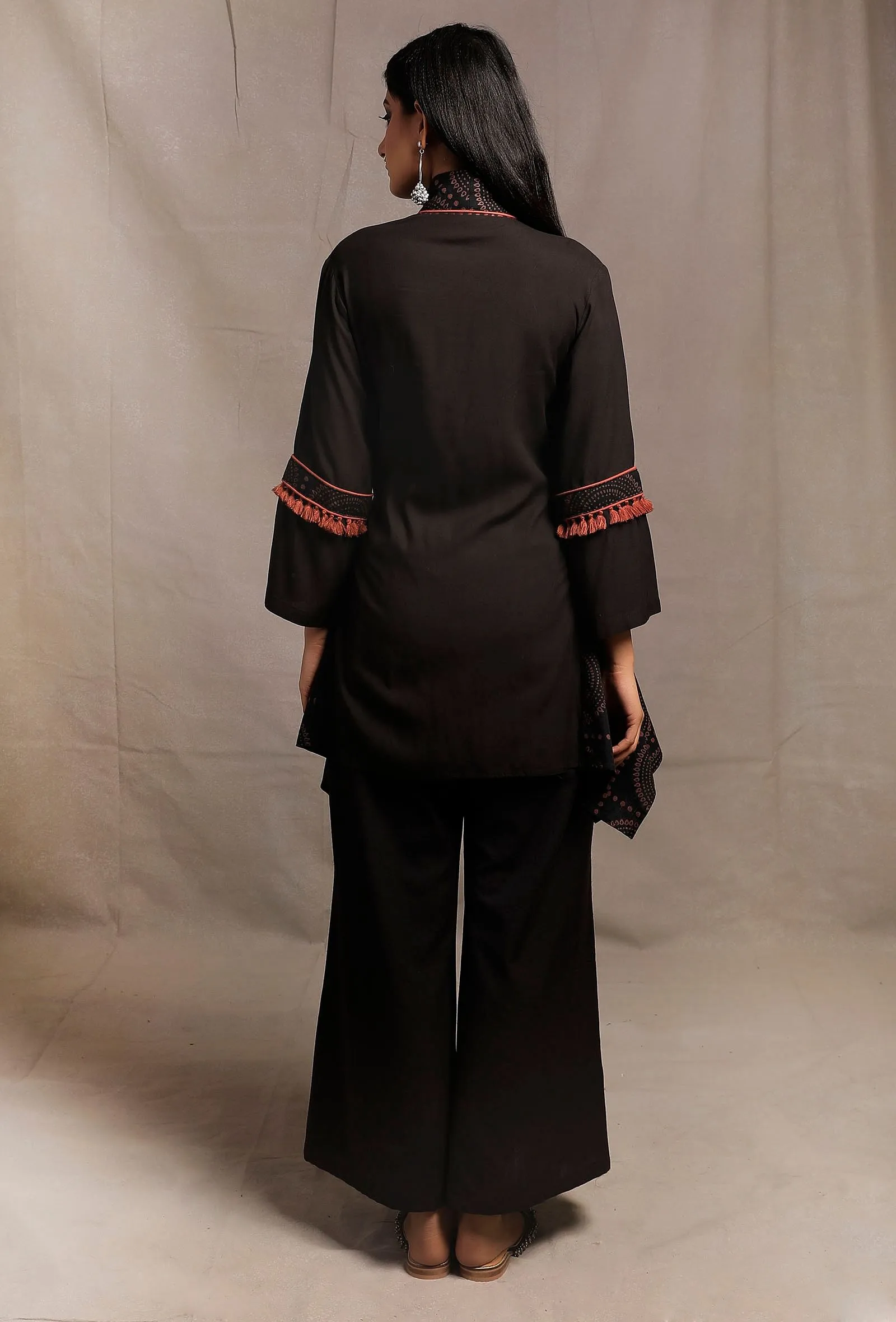 Set of 2: Black Asymmetrical Front Tie Robe with Black palazzo Pants