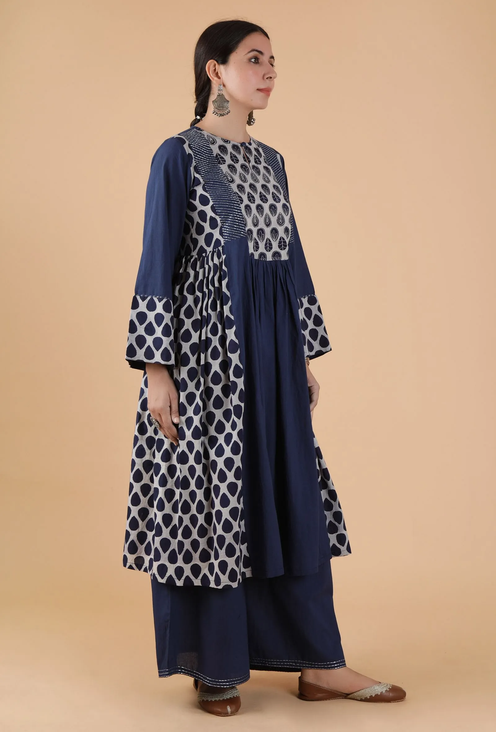 Set Of 2:Ramya Indigo Buta Printed Panelled Gathered Kurta & Palazzo Pants