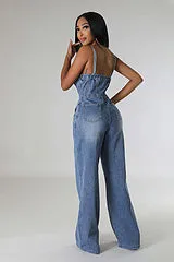 Sexy shoulder strap denim jumpsuit wide leg pants flared pants AY3430