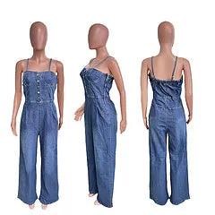 Sexy shoulder strap denim jumpsuit wide leg pants flared pants AY3430