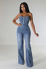 Sexy shoulder strap denim jumpsuit wide leg pants flared pants AY3430