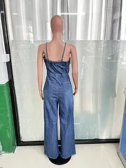 Sexy shoulder strap denim jumpsuit wide leg pants flared pants AY3430