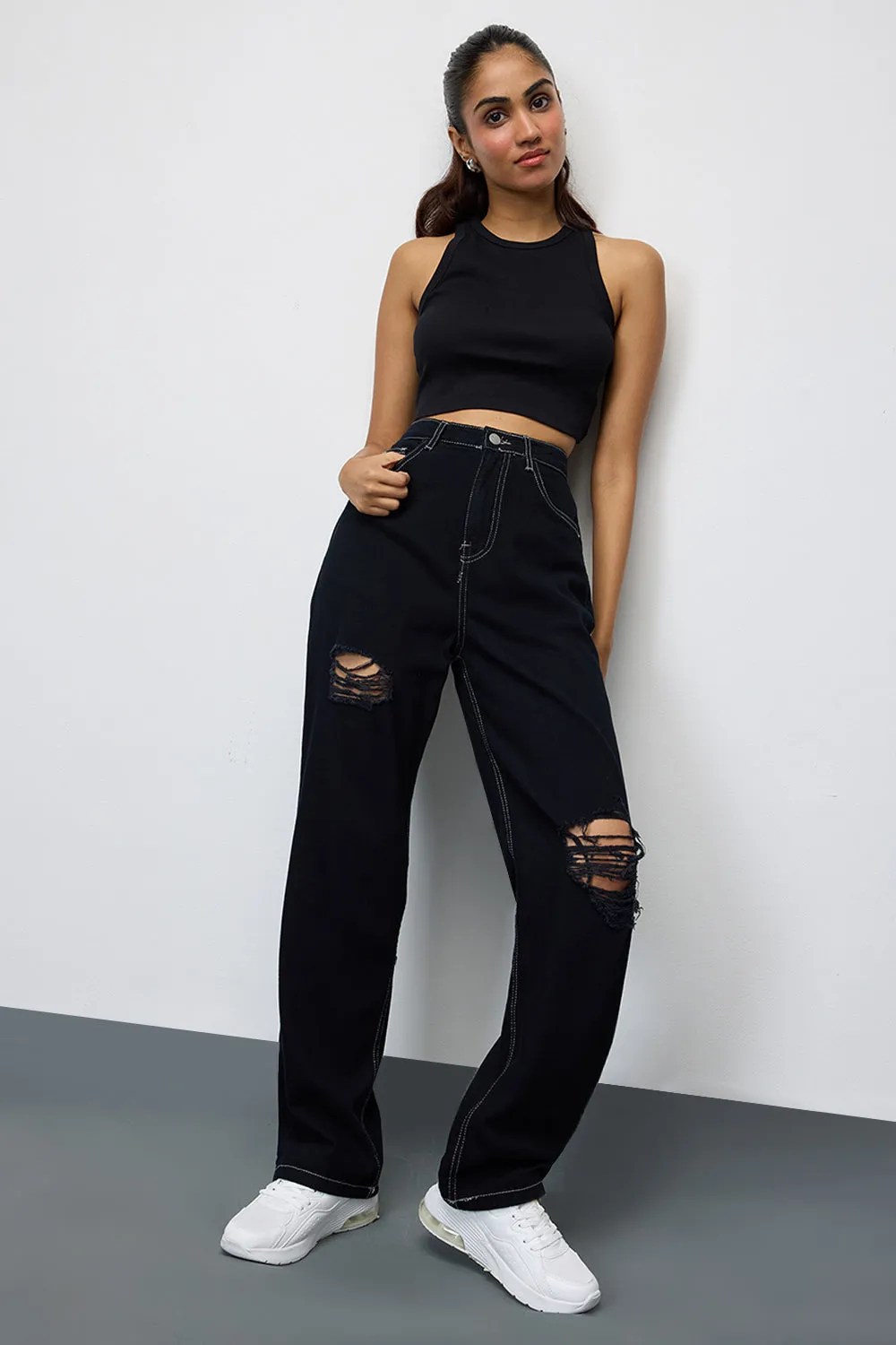 Shadow Black Ripped Straight Leg Denim Jeans