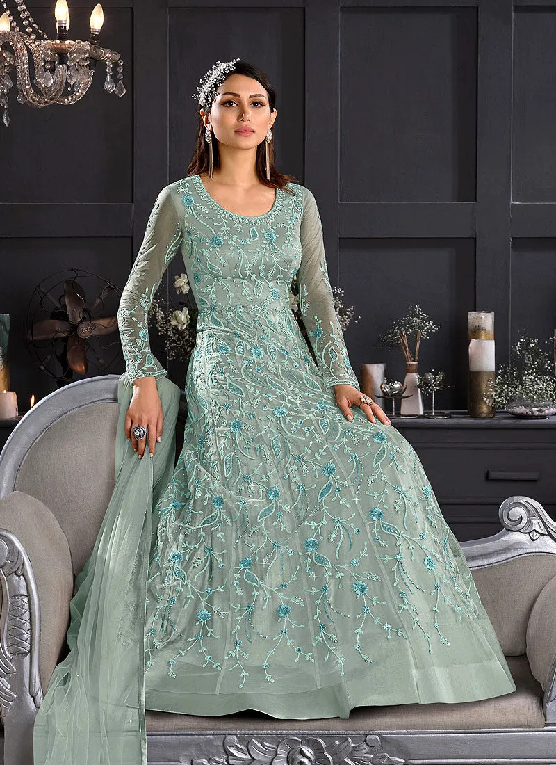 Sky Blue Floral Embroidered Indian Designer Anarkali