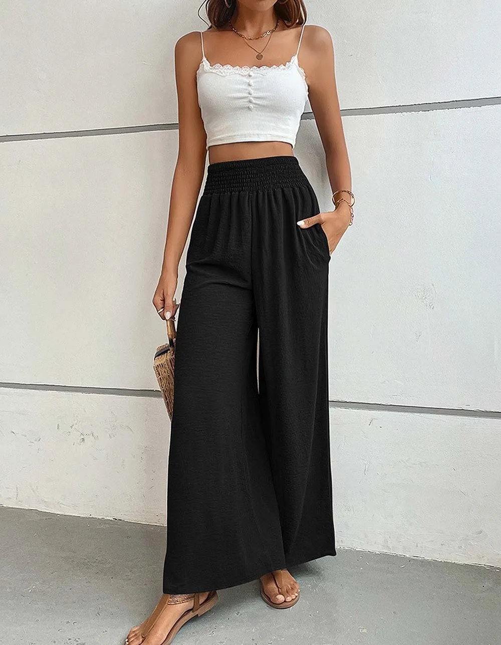 Solid-color Mid-Waist Pocket Flared Wide-Leg Pants