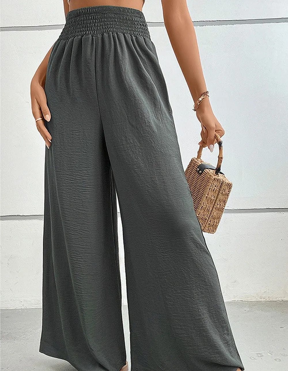 Solid-color Mid-Waist Pocket Flared Wide-Leg Pants