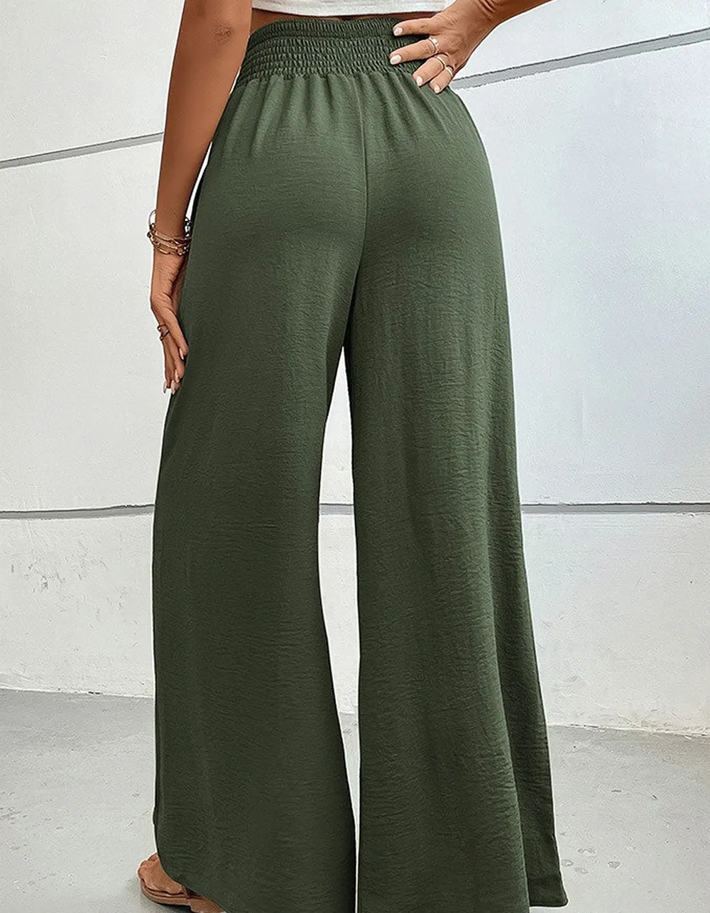 Solid-color Mid-Waist Pocket Flared Wide-Leg Pants