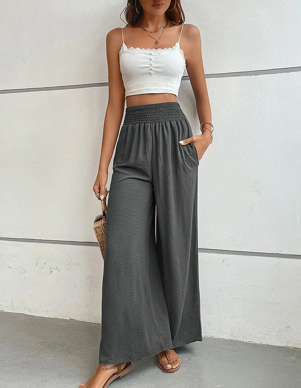 Solid-color Mid-Waist Pocket Flared Wide-Leg Pants