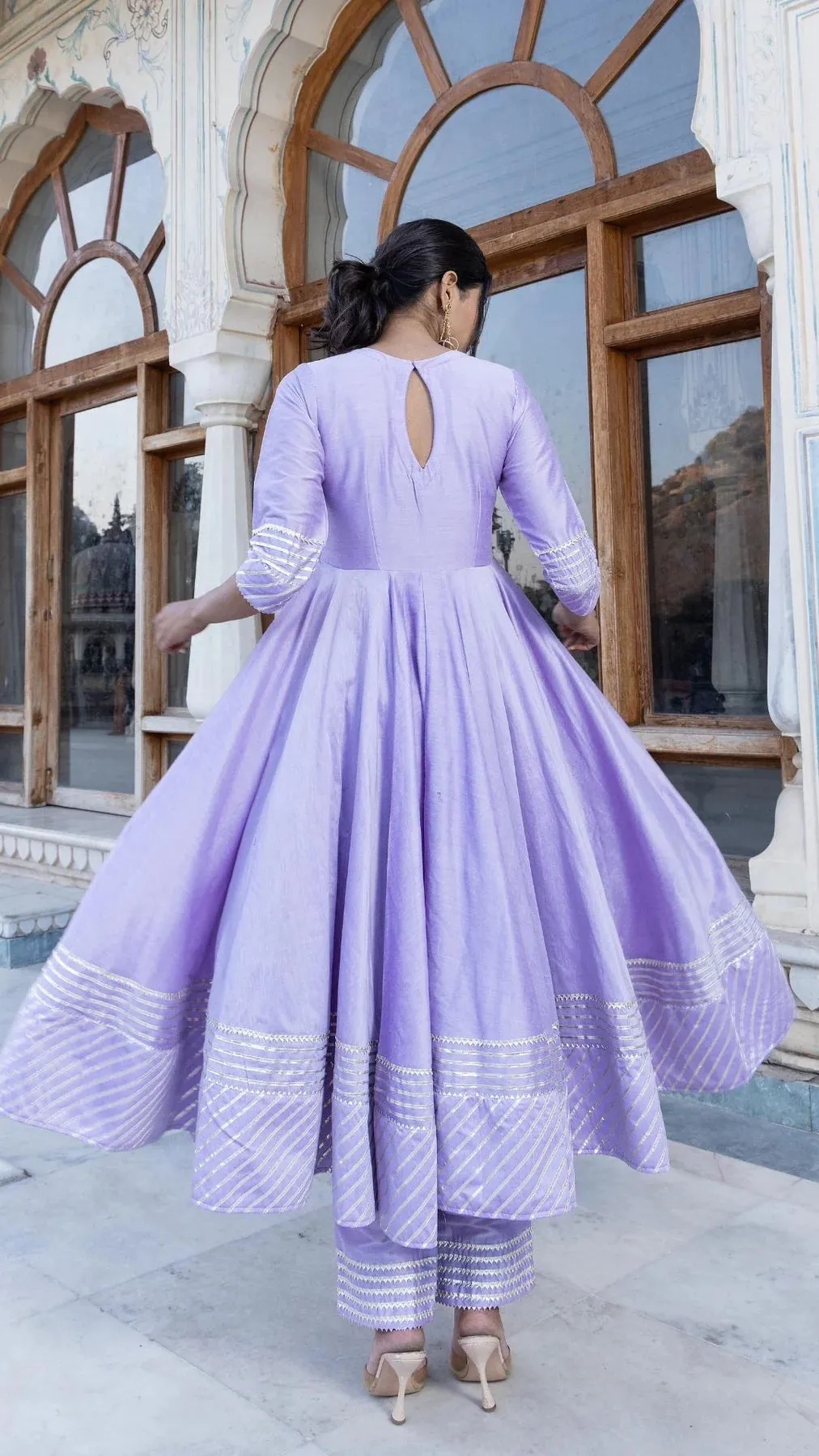 Solid Cotton Silk Lavender Anarkali Suit Set with Organza Dupatta