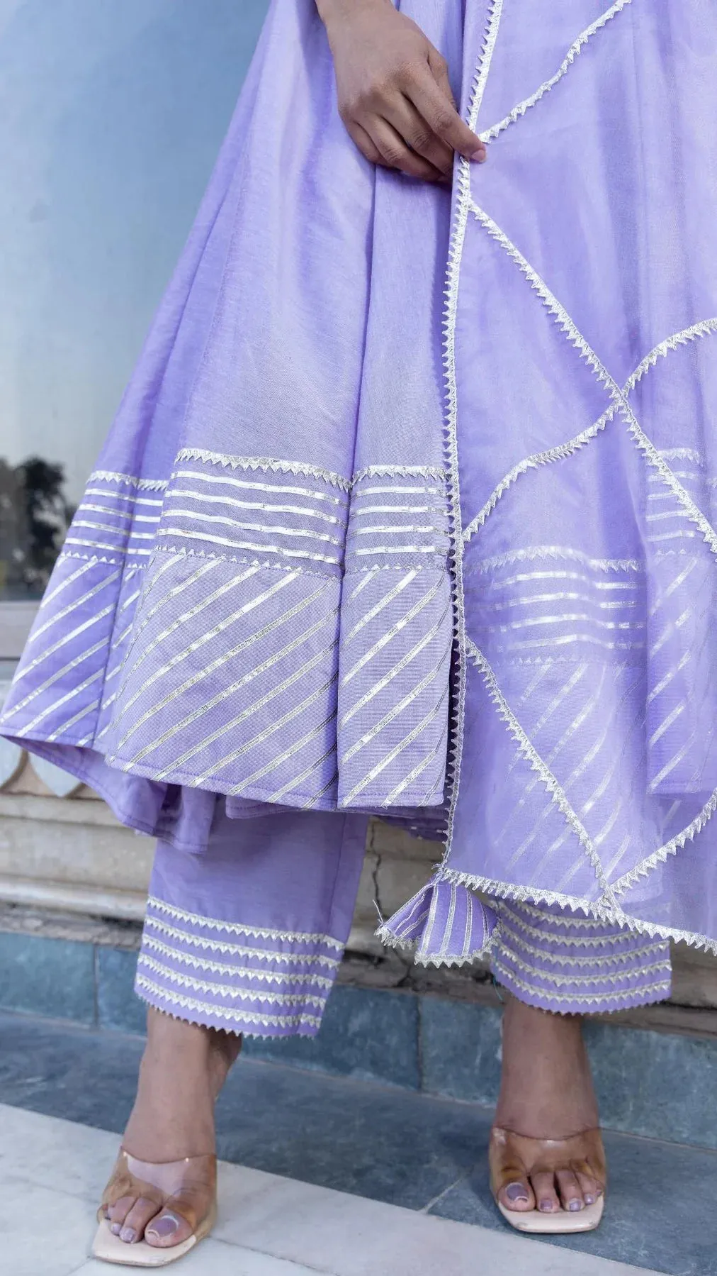 Solid Cotton Silk Lavender Anarkali Suit Set with Organza Dupatta