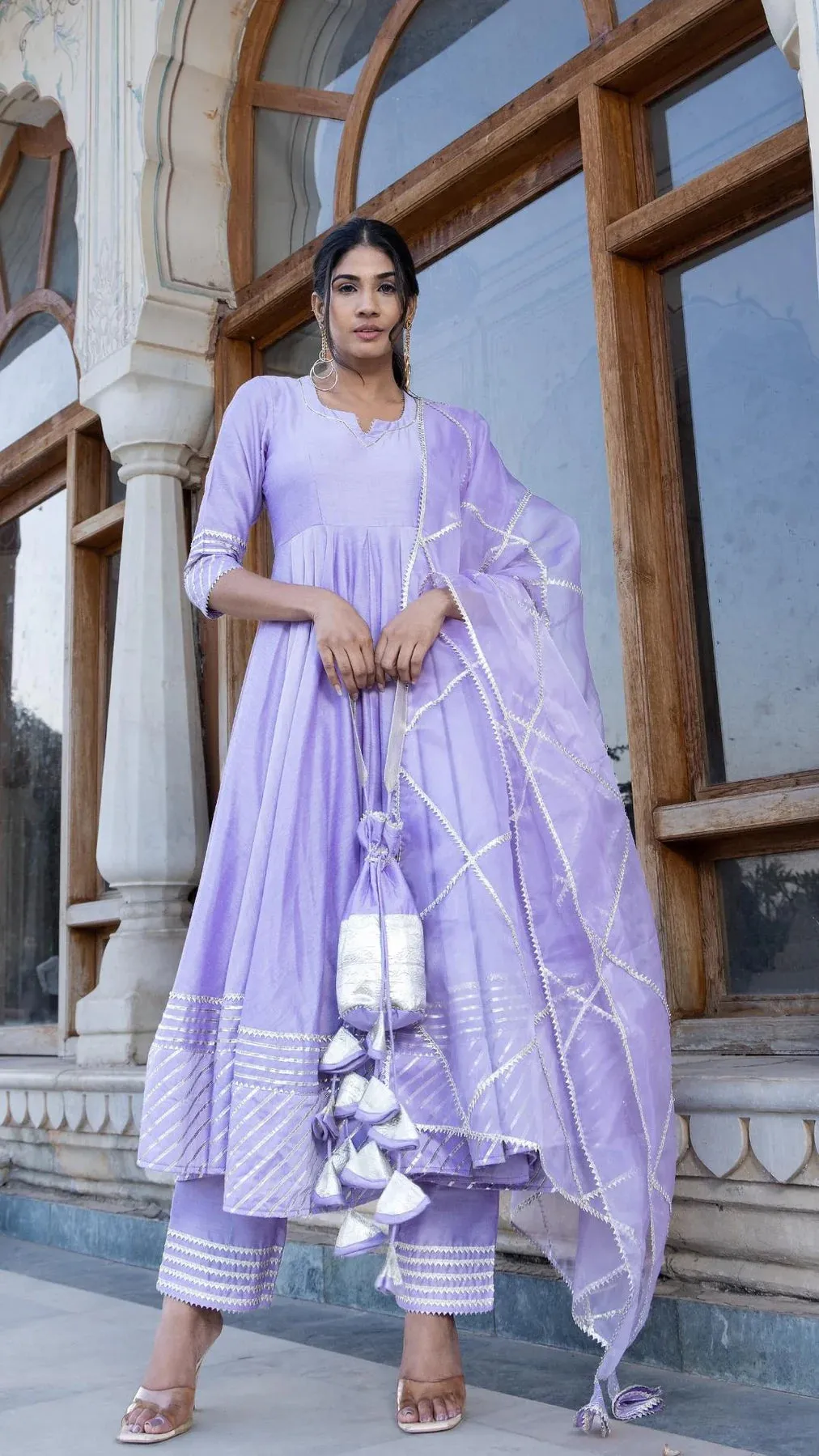 Solid Cotton Silk Lavender Anarkali Suit Set with Organza Dupatta