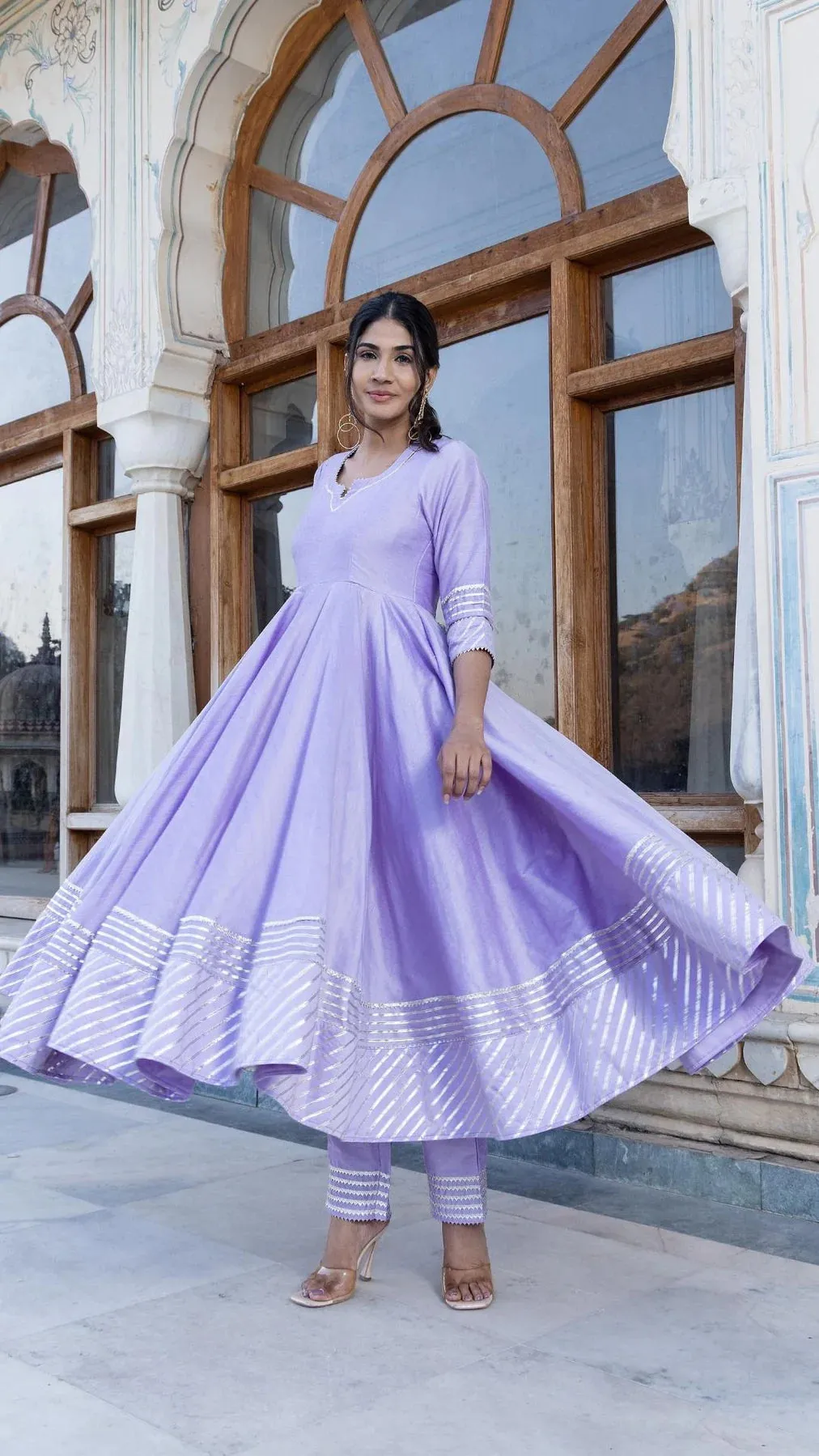 Solid Cotton Silk Lavender Anarkali Suit Set with Organza Dupatta