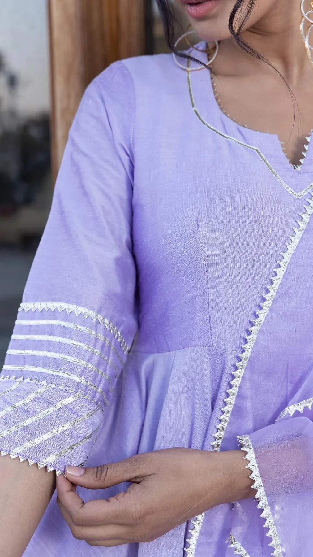 Solid Cotton Silk Lavender Anarkali Suit Set with Organza Dupatta