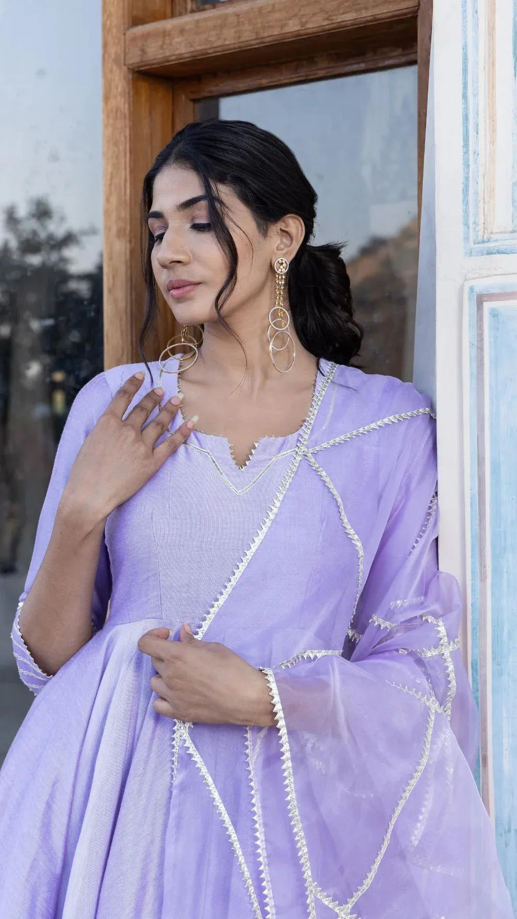 Solid Cotton Silk Lavender Anarkali Suit Set with Organza Dupatta