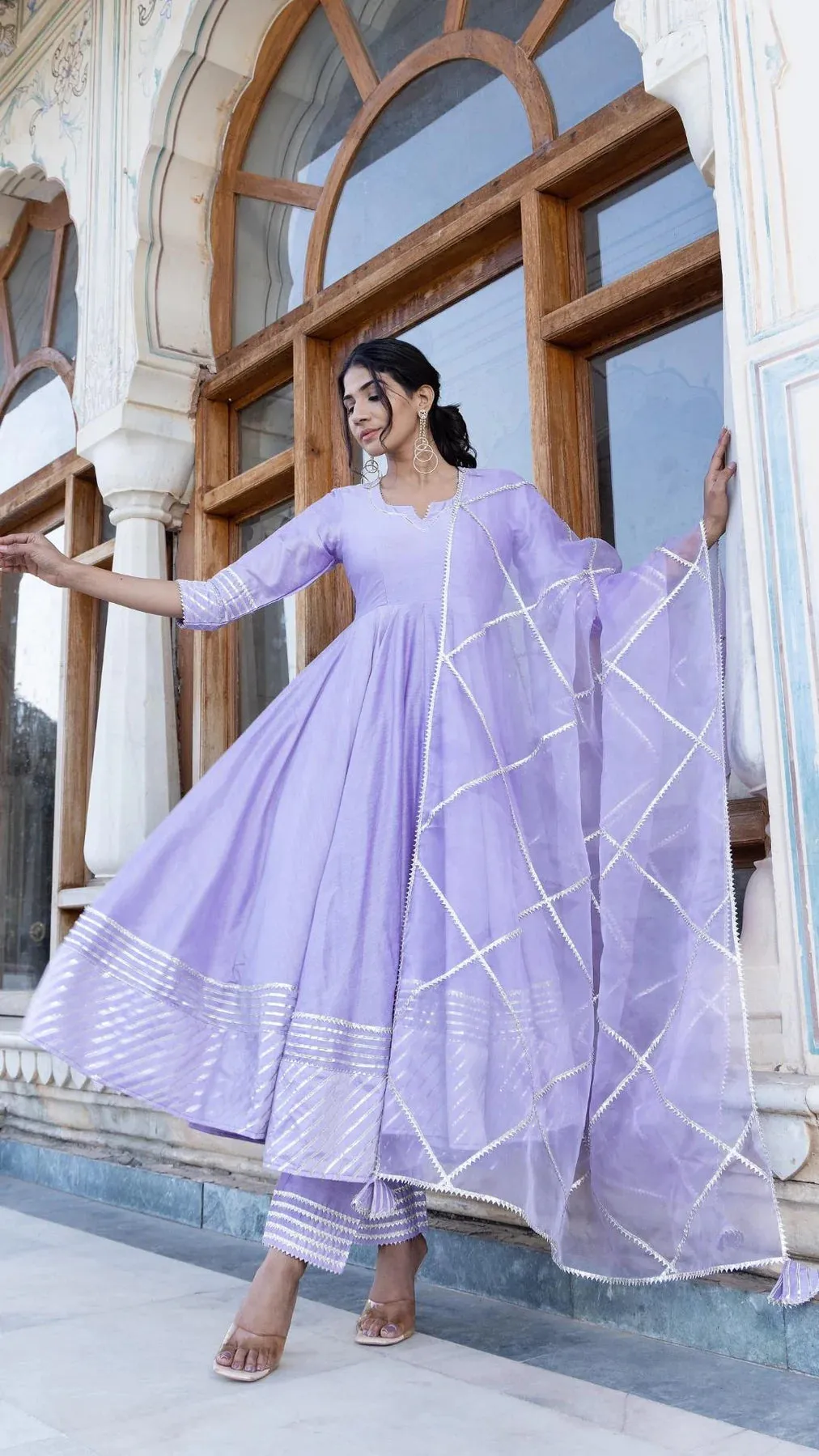 Solid Cotton Silk Lavender Anarkali Suit Set with Organza Dupatta