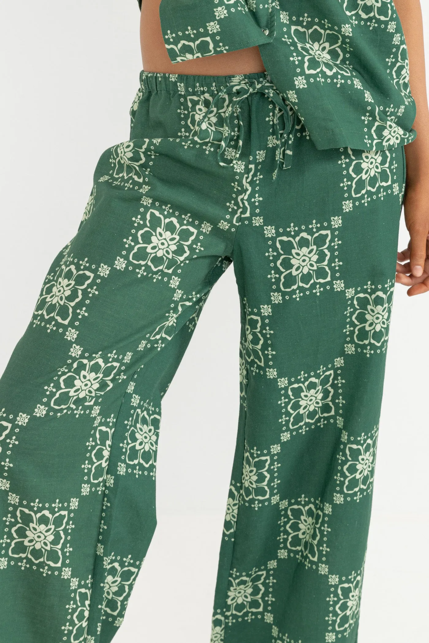 Stamped Floral Linen Pant Jade