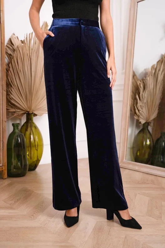 Straight Cut Velvet Pants Navy Blue