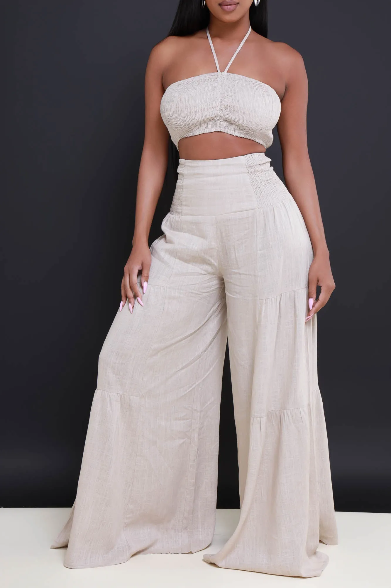 Surrender Cropped Wide Leg Pants Set - Beige