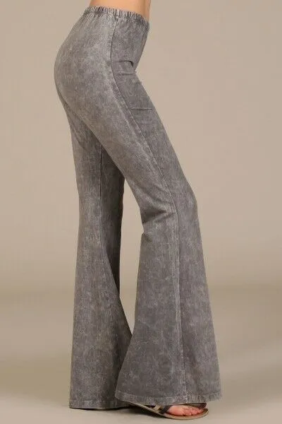 Taupe Gray Boho Mineral Wash Flared Bell Bottom Stretch Pull On Pants Womens