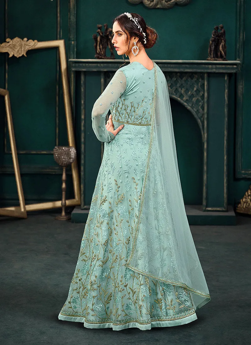 Teal Blue Traditional Embroidered Designer Indian Anarkali Suit