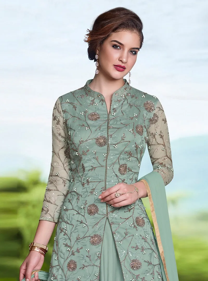 Teal Overall Designer Embroidered Lehenga Kurti Set