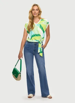 Tied-Hem Leaf Top & Flared Denim Pants