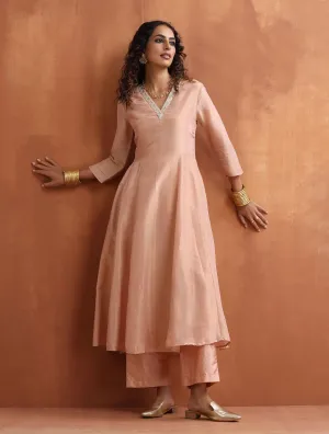 trueBrowns Blush Pink Tissue Flared Anarkali Kurta Set