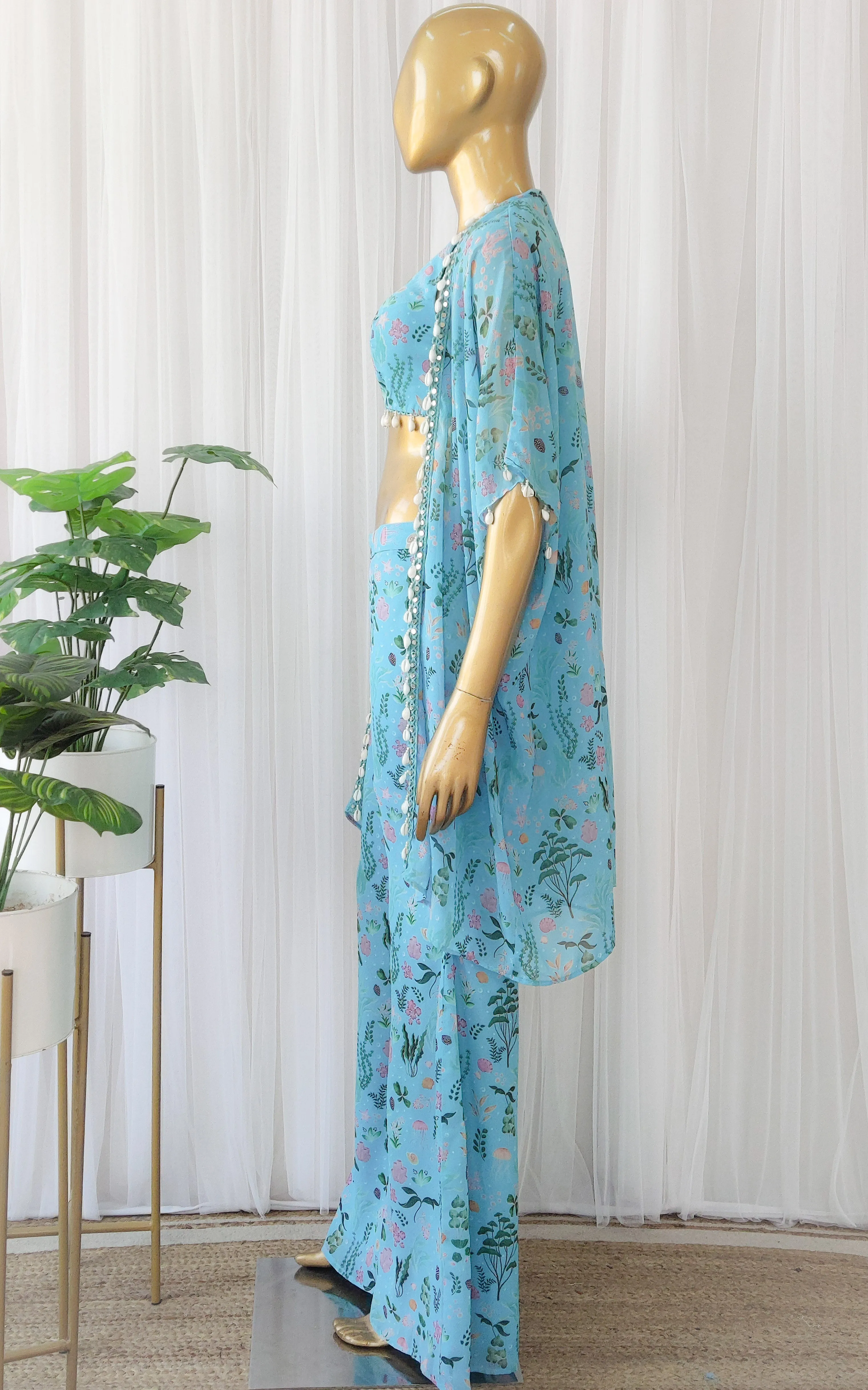 Turquoise Aquatic Print Georgette Jacket & Pant Co-ord Set