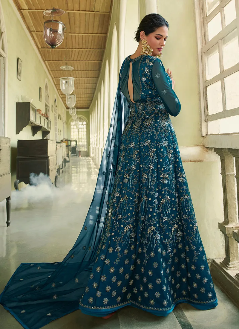 Turquoise Embroidery Slit Style Wedding Anarkali Suit