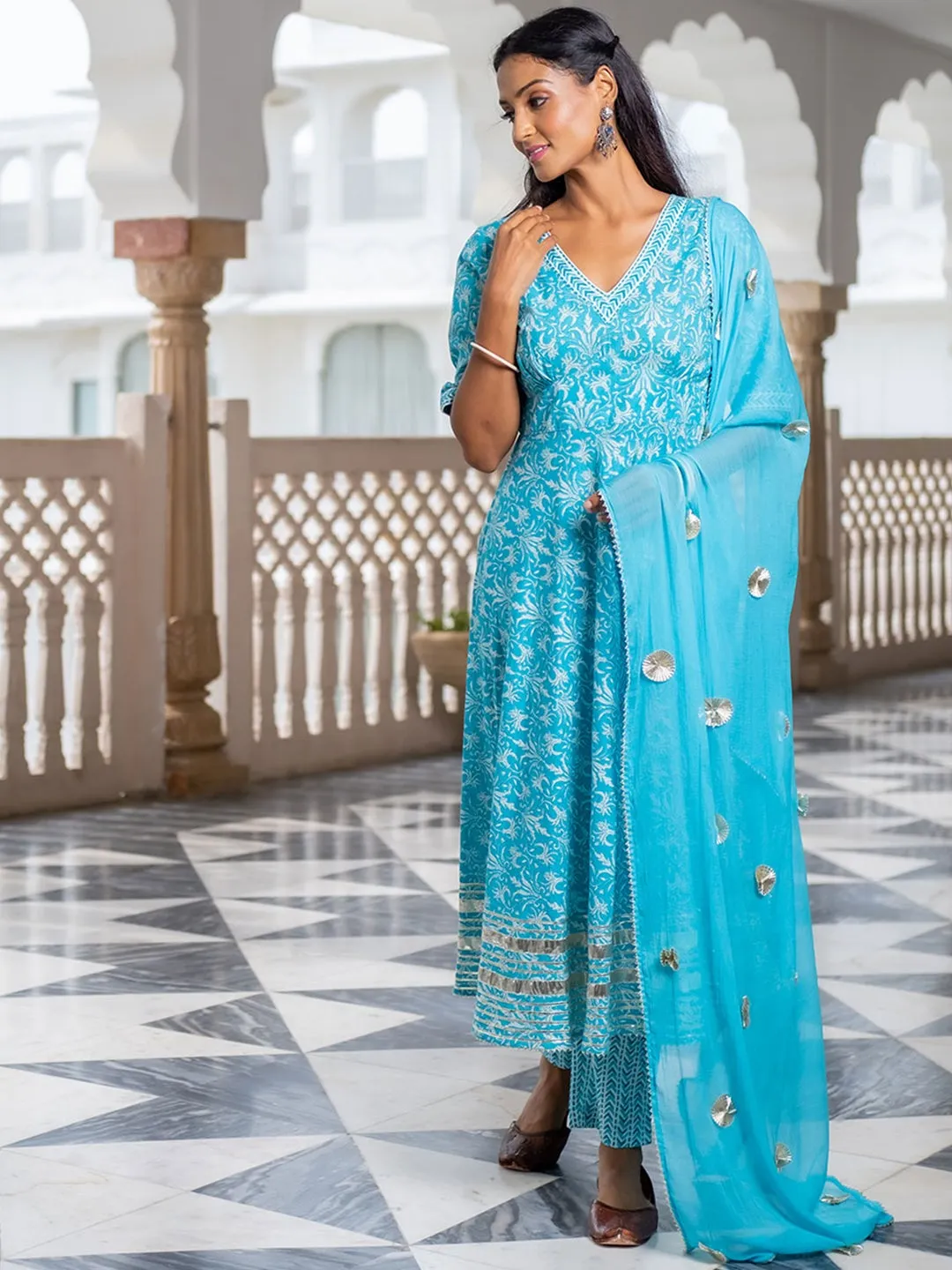 Turquoise Printed Flared Kurta With Pants & Chiffon Dupatta Set