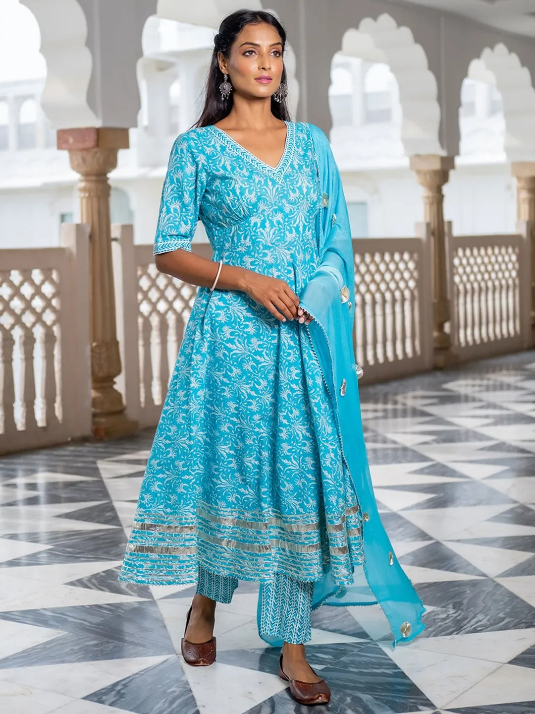 Turquoise Printed Flared Kurta With Pants & Chiffon Dupatta Set