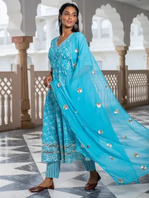 Turquoise Printed Flared Kurta With Pants & Chiffon Dupatta Set