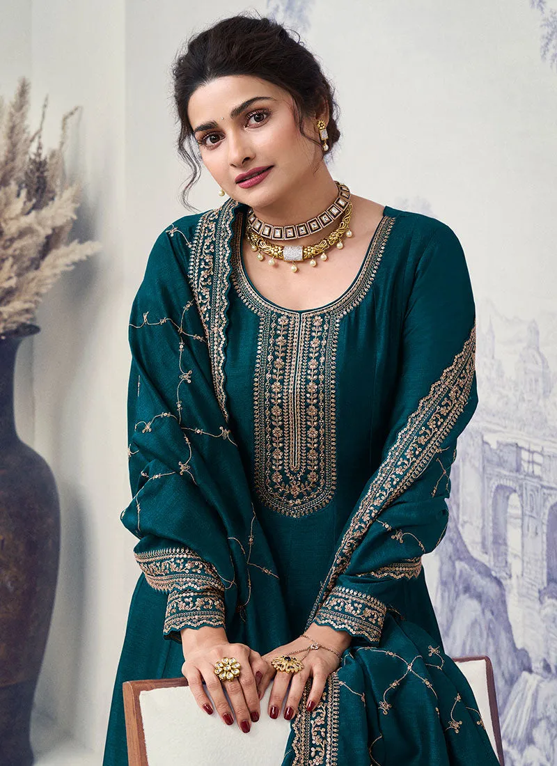 Turquoise Reshamkari Embroidery Wedding Anarkali Suit