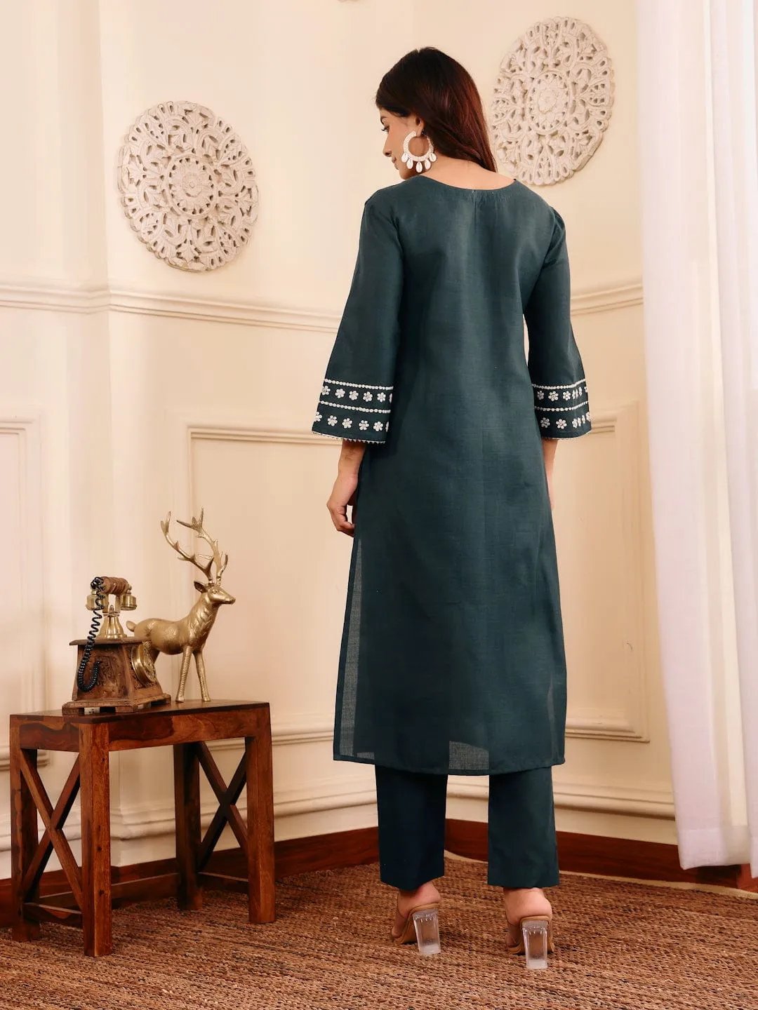 Varanga Women Bottle Green Embroidered Kurta Set