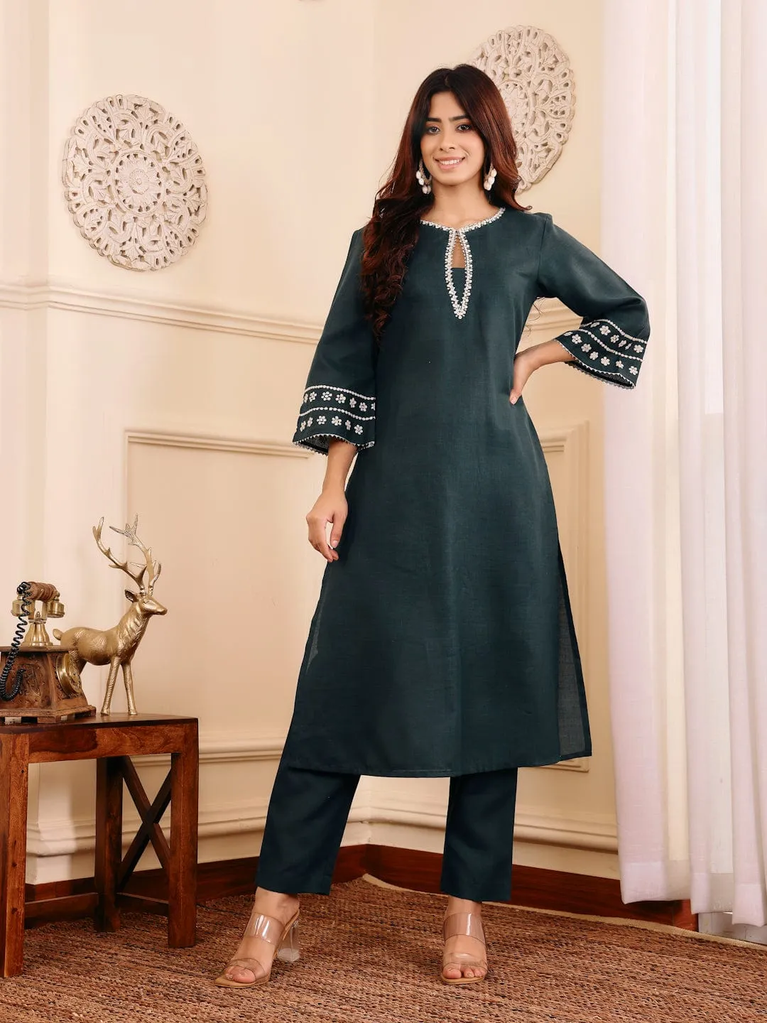 Varanga Women Bottle Green Embroidered Kurta Set