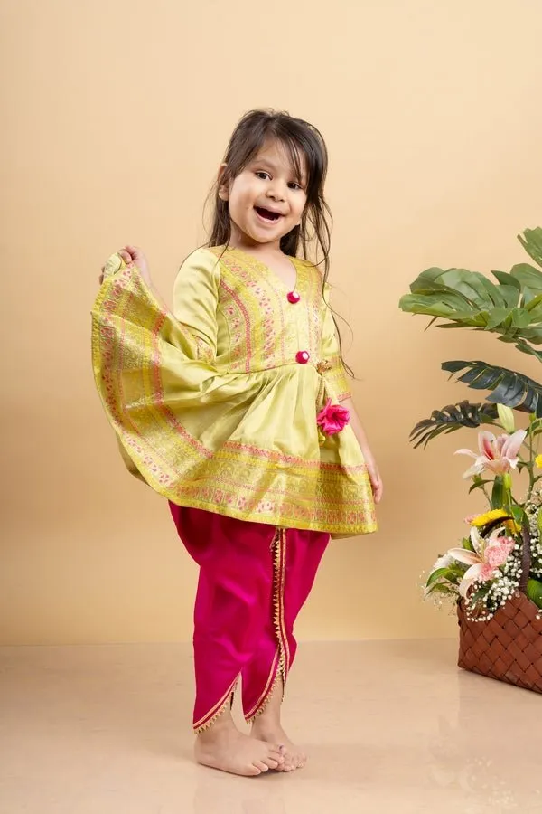 Vibrant lime Green printed kurta paired with bold fuchsia dhoti pants for a festive and playful look