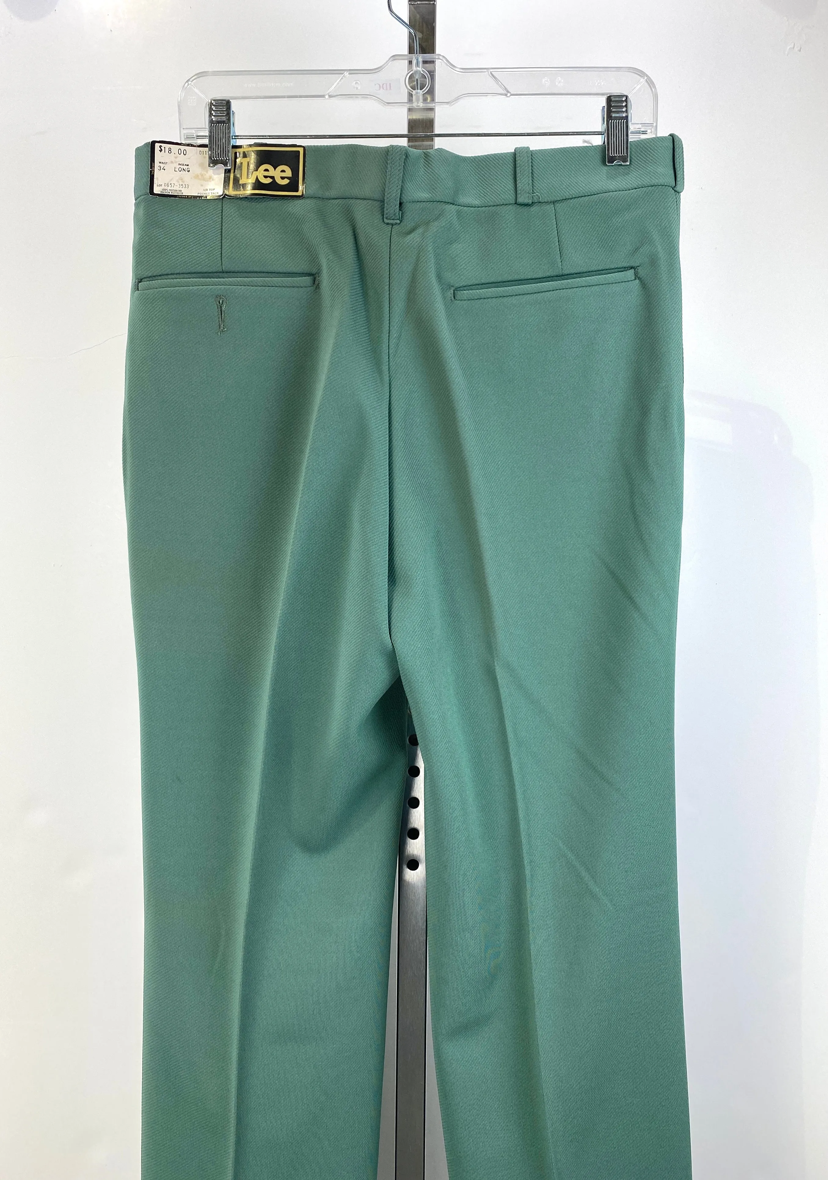 Vintage 1970s Deadstock Lee Polyester Flared Trousers, Men's Medium-Dark Green Slacks, NOS