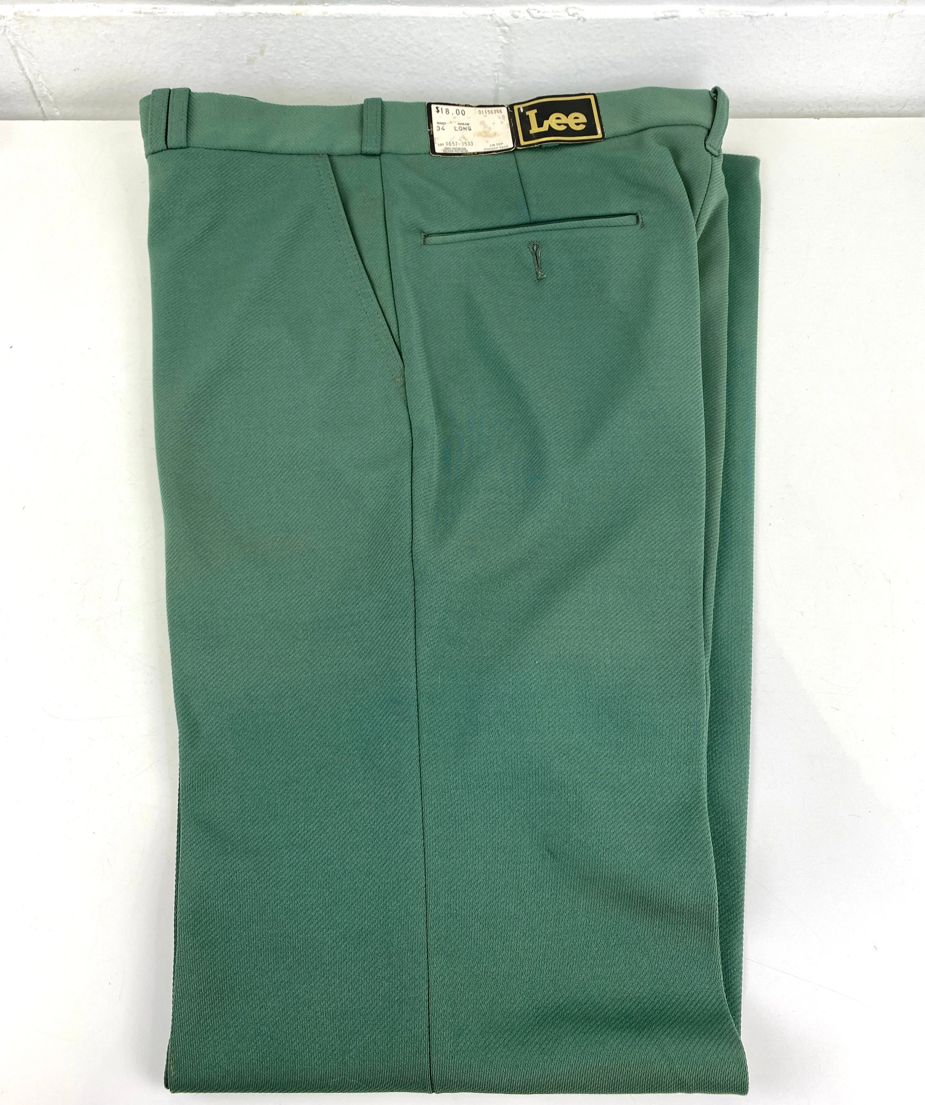 Vintage 1970s Deadstock Lee Polyester Flared Trousers, Men's Medium-Dark Green Slacks, NOS