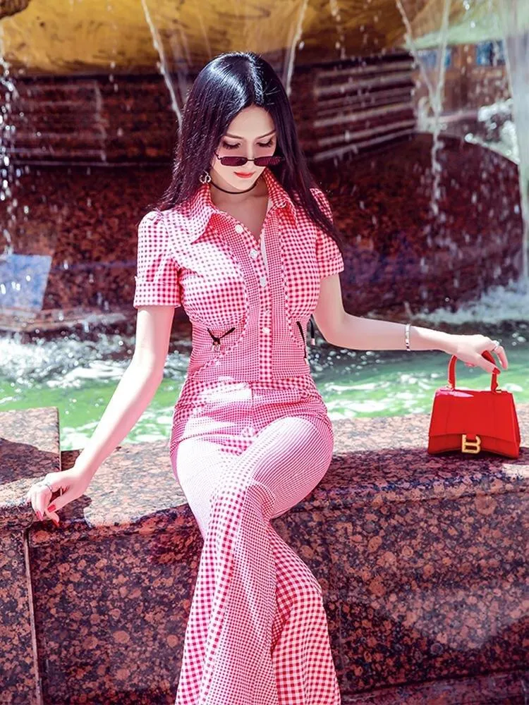 VJE summer short-sleeved shirt flared pants two-piece trouser suit