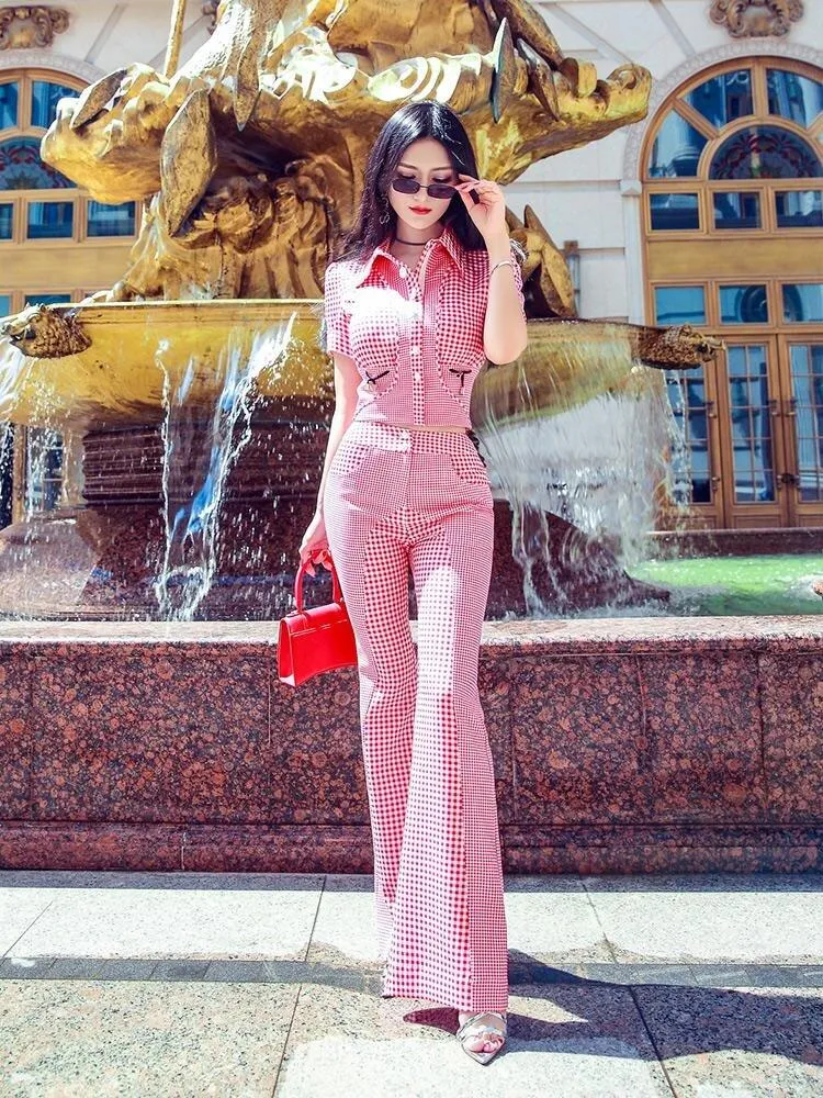 VJE summer short-sleeved shirt flared pants two-piece trouser suit