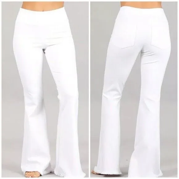 White Ponte Stretch High Waist Bell Flared Pants Casual Women's