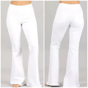 White Ponte Stretch High Waist Bell Flared Pants Casual Women's