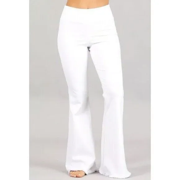 White Ponte Stretch High Waist Bell Flared Pants Casual Women's