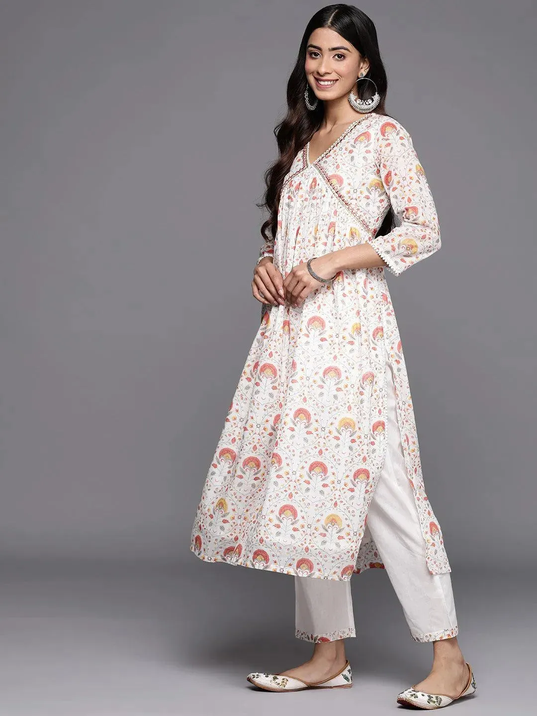 White Printed Cotton A-Line Kurta With Trousers & Dupatta