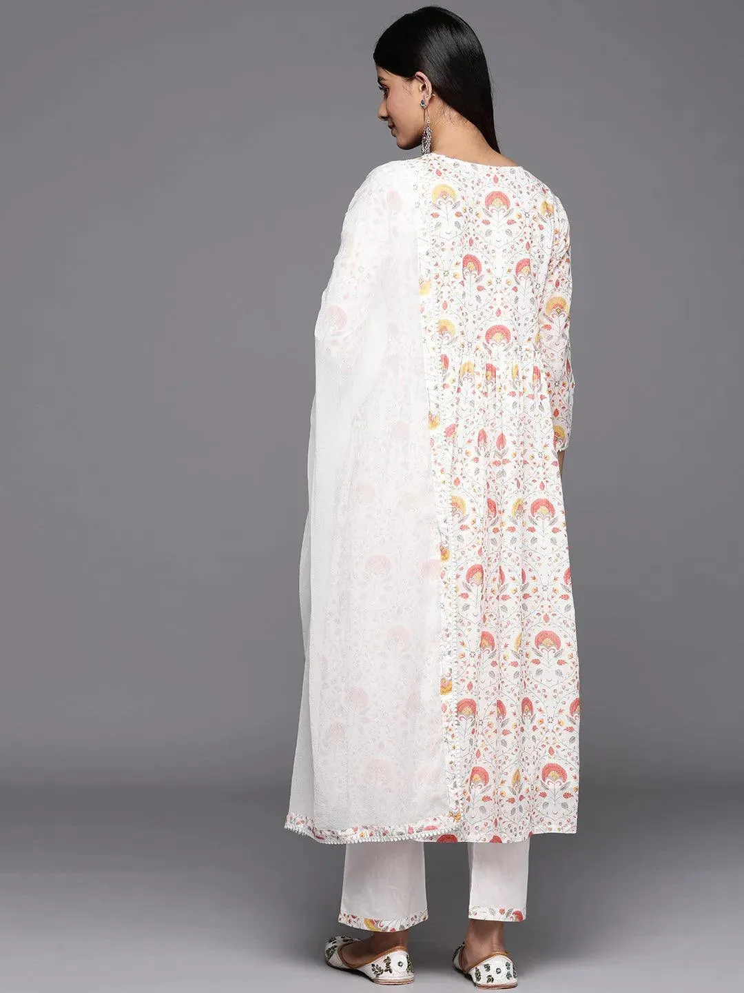 White Printed Cotton A-Line Kurta With Trousers & Dupatta