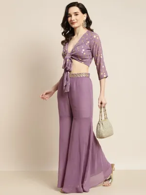 Women Purple Foil Print Crop Top With Sharara Pants